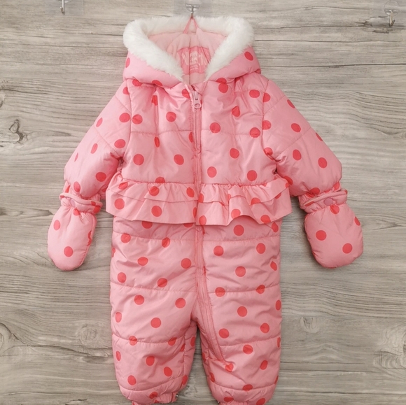 3/6 MONTHS, JOE FRESH, Pink Polkadot Ruffled Snowsuit EUC B27 - Picture 2 of 5